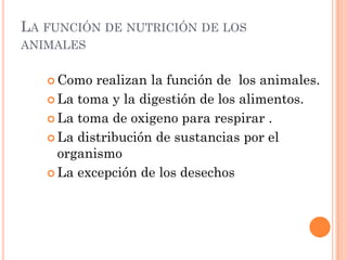 LA FUNCIÓN DE NUTRICIÓN DE LOS
ANIMALES


    Como  realizan la función de los animales.
    La toma y la digestión de los alimentos.

    La toma de oxigeno para respirar .

    La distribución de sustancias por el
     organismo
    La excepción de los desechos
 