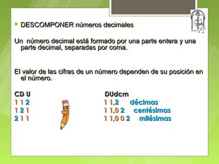 DESCOMPONER números decimales


Un número decimal está formado por una parte entera y una
 parte decimal, separadas por coma.


El valor de las cifras de un número dependen de su posición en
  el número.

CD U                         DUdcm
112                          1 1,2    décimas
121                          1 1,0 2 centésimas
211                          1 1,0 0 2 milésimas
 