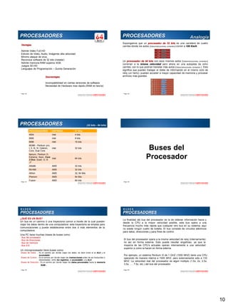 10
Page  55
PROCESADORES
Ventajas
Admite Video Full-HD
Edición de Video, Audio, Imágenes alta velocidad
Mínimo ataque de virus.
Reconoce software de 32 bits (instalar)
Admite memoria RAM superior 4GB.
Juegos 3D-HD
Lenguajes de Programación – Quinta Generación
Desventajas
Incompatibilidad en ciertas versiones de software.
Necesidad de Hardware mas rápido.(RAM en teoría)
ARQUITECTURADE COMPUTADORES
Page  56
Supongamos que un procesador de 32 bits es una carretera de cuatro
carriles donde los autos (Datos/instrucciones, comandos) corren a 100 Km/h.
Un procesador de 64 bits con esos mismos autos (Datos/instrucciones, comandos)
correrían a la misma velocidad pero ahora en una autopista de ocho
carriles, con lo que podrían transitar más autos (Datos/instrucciones, comandos.) Esto
significa que pueden trabajar el doble de información en el mismo ciclo de
reloj (un hertz), pueden acceder a mayor capacidad de memoria y procesar
archivos más grandes.
PROCESADORES Analogía
ARQUITECTURADE COMPUTADORES
Page  57
PROCESADORES EMPRESA N° Bits
4004 intel 4 bits
8080 intel 8 bits
8086 intel 16 bits
80386 - Pentium pro,
I, II, III, IV, Celeron,
Core, Dual Core
intel 32 bits
Itanium, Pentium D,
Extreme; Xeon, Core
2 Duo, Quad, i3, i5
,i7
intel 64 bits
AMx86 AMD 32 bits
K6-K6II AMD 32 bits
Athlon AMD 32, 64 Bits.
Phenom AMD 64 Bits
Fusion AMD 64 bits
PROCESADORES (32 bits - 64 bits)
ARQUITECTURADE COMPUTADORES
Page  58
Buses del
Procesador
ARQUITECTURADE COMPUTADORES
Page  59
¿QUÉ ES UN BUS?
Un bus es un camino ó una trayectoria común a través de la cual pueden
viajar los datos dentro de una computadora: esta trayectoria se emplea para
comunicaciones y puede establecerse entre dos ó más elementos de la
computadora.
Un microprocesador tiene buses como:
-Buses de Datos .- Es el camino por donde viajan los datos, es decir entre el la ALU y el
acumulador
-Buses de Control.- Es el camino por donde viajan las instrucciones antes de ser traducidas o
interpretadas; entre los registros, el acumulador y la ALU.
-Buses de Dirección.- Es el camino por donde viajan los datos procesados hacia la memoria
RAM .
Una PC tiene muchas clases de buses como:
- Bus del procesador
- Bus de direcciones
- Bus de memoria
- Bus E/S
B U S E S
PROCESADORES
ARQUITECTURADE COMPUTADORES
Page  60
La finalidad del bus del procesador es la de obtener información hacia y
desde la CPU a la mayor velocidad posible, este bus opera a una
frecuencia mucho más rápida que cualquier otro bus en su sistema; aquí
no existe ningún cuello de botella. El bus consiste de circuitos eléctricos
para datos, direcciones y para fines de control.
El bus del procesador opera a la misma velocidad de reloj (internamente)
no así en forma externa. Esto puede resultar engañoso, ya que la
mayoría de las CPU’s actuales operan internamente a una velocidad
superior a como la hacen en forma externa.
Por ejemplo, un sistema Pentium III de 1 GHZ (1000 MHZ) tiene una CPU
operando de manera interna a 1000 MHZ, pero externamente sólo a 133
MHZ. La velocidad real del procesador es algún múltiplo (1.5x, 2x, 2.5x,
3.5x, …. 7.5x, etc.) del bus del procesador.
B U S E S
PROCESADORES
ARQUITECTURADE COMPUTADORES
 