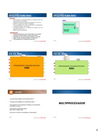 6
Page  31
VENTAJAS
• Se incrementa la velocidad debido a un conjunto menor de
instrucciones y mas simples.
• Hardware mas simple, tamaño mas pequeño (oblea reducida)
• Reduce los costos de creación de software.
• Ciclo de diseños mas corto, posibilidad de actualización
constante(versiones), mas barato.
• El espacio sobrante en la capsula es cubierto por una
memoria interna (caché, L1…).
• Menor consumo de potencia.
DESVENTAJAS
• Excesiva dependencia de en la efectividad del compilador.
• Depuración difícil de debido a pocas instrucciones.
• Necesidad de mas memoria para satisfacer la velocidad.
• Mayor numero de líneas de código. (x instrucción)
• Incompatibilidad con arquitecturas anteriores.
MICROPROCESADORES
ARQUITECTURA RISC
ARQUITECTURADE COMPUTADORES
Page  32
MICROPROCESADORES
ARQUITECTURA RISC
ARQUITECTURADE COMPUTADORES
Page  33
MICROPROCESADORES
CIS VS. RISC
instrucciones
instrucciones
instrucciones
instrucciones
instrucciones
instrucciones
instrucciones
instrucciones
instrucciones
instrucciones
instrucciones
instrucciones
instrucciones
D
E
C
O
D
I
F
I
C
A
D
O
R
microinstrucciones
microinstrucciones
microinstrucciones
microinstrucciones
microinstrucciones
microinstrucciones
microinstrucciones
ALU
LOAD
STORE
ESTRUCTURA
DE
RESULTADOS
RAM
WRITE_HEX PROC
PUSH CX ;
PUSH DX
MOV DH, DL
MOV CX, 4
SHR DL, CX
CALL WRITE_HEX_DIGIT
MOV DL, DH ;
AND DL, 0Fh ;
CALL WRITE_HEX_DIGIT ;
POP DX
POP CX
RET
WRITE_HEX ENDP
COMPILADORES
DEPURADORES
1 CICLO 2 CICLO 3 CICLO 4 CICLO 6 CICLO
PROCESADOR CON ARQUITECURA
CISC
ARQUITECTURADE COMPUTADORES
Page  34
MICROPROCESADORES
CIS VS. RISC
instrucciones
instrucciones
instrucciones
instrucciones
instrucciones
D
E
C
O
D
.
ALU
LOAD
STORE
ESTRUCTURA
DE
RESULTADOS
CACHE
RAM
1 CICLO 2 CICLO 3 CICLO
D
E
C
O
D
.
WRITE_HEX PROC
PUSH CX ;
PUSH DX
MOV DH, DL
MOV CX, 4
SHR DL, CX
CALL WRITE_HEX_DIGIT
MOV DL, DH ;
AND DL, 0Fh ;
MOV DH, DL
MOV CX, 4
SHR DL, CX
CALL WRITE_HEX_DIGIT
MOV DL, DH ;
AND DL, 0Fh ;
MOV DH, DL
MOV CX, 4
SHR DL, CX
CALL WRITE_HEX_DIGIT
MOV DL, DH ;
AND DL, 0Fh ;
MOV DH, DL
MOV CX, 4
SHR DL, CX
CALL WRITE_HEX_DIGIT
MOV DL, DH ;
AND DL, 0Fh ;
CALL WRITE_HEX_DIGIT ;
POP DX
POP CX
RET
WRITE_HEX ENDP
PROCESADOR CON ARQUITECURA
RISC
ARQUITECTURADE COMPUTADORES
Page  35
A cuantos Bytes trabajan los Procesadores RISC.?
Empresas que trabajaban con la Arquitectura RISC.?
Que Arquitectura de Procesadores utilizaban los computadores
WorkStation y Porque?
Que significan las siguientes siglas:
AMD, INTEL, SPARC, ARM
Que función cumplen los Compiladores y Depuradores?
LECCIÓN
ARQUITECTURADE COMPUTADORES
Page  36
MULTIPROCESADOR
ARQUITECTURADE COMPUTADORES
 