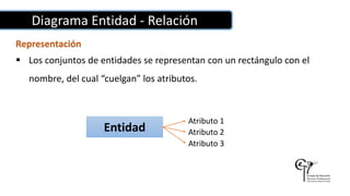 Diagrama Entidad - Relación
Representación
 Los conjuntos de entidades se representan con un rectángulo con el
nombre, del cual “cuelgan” los atributos.
Entidad
Atributo 1
Atributo 2
Atributo 3
 