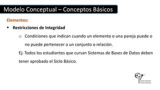 Modelo Conceptual – Conceptos Básicos
Elementos:
 Restricciones de Integridad
o Condiciones que indican cuando un elemento o una pareja puede o
no puede pertenecer a un conjunto o relación.
Ej: Todos los estudiantes que cursan Sistemas de Bases de Datos deben
tener aprobado el Siclo Básico.
 