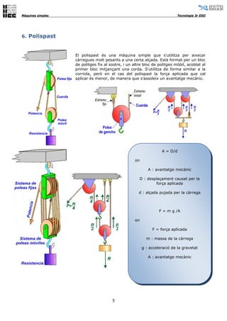 Màquines simples                                                           Tecnologia 3r ESO




6. Polispast



                   El polispast és una màquina simple que s'utilitza per aixecar
                   càrregues molt pesants a una certa alçada. Està format per un bloc
                   de politges fix al sostre, i un altre bloc de politges mòbil, acoblat al
                   primer bloc mitjançant una corda. S'utilitza de forma similar a la
                   corriola, però en el cas del polispast la força aplicada que cal
                   aplicar és menor, de manera que s'assoleix un avantatge mecànic.




                                                                   A = D/d

                                                   on

                                                            A : avantatge mecànic

                                                        D : desplaçament causat per la
                                                                força aplicada

                                                      d : alçada pujada per la càrrega



                                                                 F = m g /A

                                                   on

                                                              F = força aplicada

                                                           m : massa de la càrrega

                                                        g : acceleració de la gravetat

                                                            A : avantatge mecànic




                                       5
 
