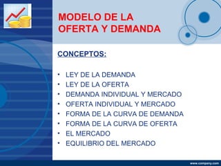 Company
LOGO
          MODELO DE LA
          OFERTA Y DEMANDA

          CONCEPTOS:

          •   LEY DE LA DEMANDA
    ...