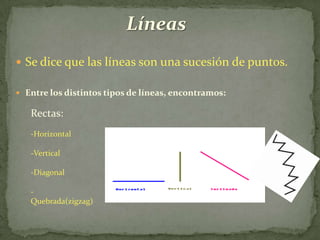 LíneasSe dice que las líneas son una sucesión de puntos.Entre los distintos tipos de líneas, encontramos:Rectas:-Horizontal-Vertical-Diagonal-Quebrada(zigzag)