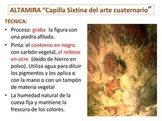 ALTAMIRA “Capilla Sixtina del arte cuaternario”
TÉCNICA:
• Proceso: graba la figura con
una piedra afilada.
• Pinta: el contorno en negro
con carbón vegetal, el relleno
en ocre (óxido de hierro en
polvo). Utiliza agua para diluir
los pigmentos y los aplica o
con la mano o con un tampón
de materia vegetal
• La humedad natural de la
cueva fija y mantiene la
frescura de los colores.
24
 