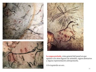 La yegua preñada, vista general del panel en que
aparece con otras figuras de animales, signos abstractos
y alguna representación antropomorfa.
A la izquierda un uro .
34
 