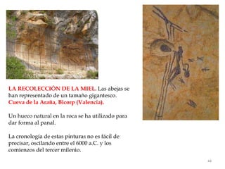 LA RECOLECCIÓN DE LA MIEL. Las abejas se
han representado de un tamaño gigantesco.
Cueva de la Araña, Bicorp (Valencia).
Un hueco natural en la roca se ha utilizado para
dar forma al panal.
La cronología de estas pinturas no es fácil de
precisar, oscilando entre el 6000 a.C. y los
comienzos del tercer milenio.
44
 
