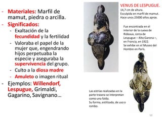 - Materiales: Marfil de
mamut, piedra o arcilla.
- Significados:
- Exaltación de la
fecundidad y la fertilidad
- Valoraba el papel de la
mujer que, engendrando
hijos perpetuaba la
especie y aseguraba la
supervivencia del grupo.
- Culto a la diosa madre
- Amuleto o imagen ritual
- Ejemplos: Willendorf,
Lespugue, Grimaldi,
Gagarino, Savignano…
VENUS DE LESPUGUE.
14,7 cm de altura.
Esculpida en marfil de mamut.
Hace unos 25000 años aprox.
Fue encontrada en el
interior de la cueva de
Rideaux, cerca de
Lespugue – Alto Garona –,
en Francia, en 1922.
Se exhibe en el Museo del
Hombre en París.
Las estrías realizadas en la
parte trasera se interpretan
como una falda.
Su forma, estilizada, de uso o
rombo.
50
 