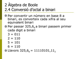 2 Àlgebra de Boole 2.4 Conversió d’octal a binari Per convertir un número en base 8 a binari, es converteix cada xifra al seu equivalent binari Per passar 325,6 8  a binari passem primer cada digit a binari 3 = 011 2 = 110 5 = 101 6 = 110 Llavors 325,6 8  = 11110101,11 2 