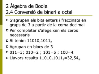 2 Àlgebra de Boole 2.4 Conversió de binari a octal S’agrupen els bits enters i fraccinats en grups de 3 a partir de la coma decimal Per completar s’afegeixen els zeros necessaris Si tenim 11010,1011 2  Agrupan en blocs de 3  011=3; 010=2 ; 101=5 ; 100=4 Llavors resulta 11010,1011 2 =32,54 8 