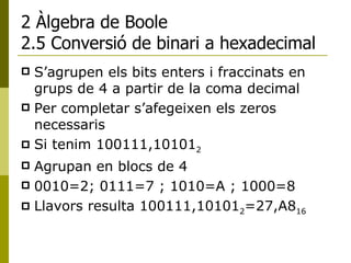 2 Àlgebra de Boole 2.5 Conversió de binari a hexadecimal S’agrupen els bits enters i fraccinats en grups de 4 a partir de la coma decimal Per completar s’afegeixen els zeros necessaris Si tenim 100111,10101 2  Agrupan en blocs de 4  0010=2; 0111=7 ; 1010=A ; 1000=8 Llavors resulta 100111,10101 2 =27,A8 16 