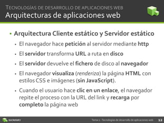 TECNOLOGÍAS DE DESARROLLO DE APLICACIONES WEB

Arquitecturas de aplicaciones web
• Arquitectura Cliente estático y Servidor estático


El navegador hace petición al servidor mediante http



El servidor transforma URL a ruta en disco



El servidor devuelve el fichero de disco al navegador



El navegador visualiza (renderiza) la página HTML con
estilos CSS e imágenes (sin JavaScript).



Cuando el usuario hace clic en un enlace, el navegador
repite el proceso con la URL del link y recarga por
completo la página web
Tema 2 - Tecnologías de desarrollo de aplicaciones web

12

 