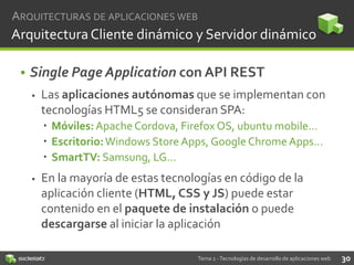 ARQUITECTURAS DE APLICACIONES WEB

Arquitectura Cliente dinámico y Servidor dinámico
• Single Page Application con API REST


Las aplicaciones autónomas que se implementan con
tecnologías HTML5 se consideran SPA:
 Móviles: Apache Cordova, Firefox OS, ubuntu mobile…
 Escritorio: Windows Store Apps, Google Chrome Apps...
 SmartTV: Samsung, LG…



En la mayoría de estas tecnologías en código de la
aplicación cliente (HTML, CSS y JS) puede estar
contenido en el paquete de instalación o puede
descargarse al iniciar la aplicación
Tema 2 - Tecnologías de desarrollo de aplicaciones web

30

 