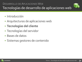 DESARROLLO DE APLICACIONES WEB

Tecnologías de desarrollo de aplicaciones web
• Introducción
• Arquitecturas de aplicaciones web
• Tecnologías del cliente
• Tecnologías del servidor

• Bases de datos
• Sistemas gestores de contenido

Tema 2 - Tecnologías de desarrollo de aplicaciones web

31

 