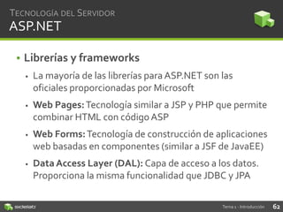 TECNOLOGÍA DEL SERVIDOR

ASP.NET
• Librerías y frameworks


La mayoría de las librerías para ASP.NET son las
oficiales proporcionadas por Microsoft



Web Pages: Tecnología similar a JSP y PHP que permite
combinar HTML con código ASP



Web Forms: Tecnología de construcción de aplicaciones
web basadas en componentes (similar a JSF de JavaEE)



Data Access Layer (DAL): Capa de acceso a los datos.
Proporciona la misma funcionalidad que JDBC y JPA
Tema 1 - Introducción

62

 