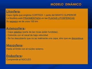 MODELO DINÁMICO

Litosfera :
Capa rígida que engloba CORTEZA + parte del MANTO SUPERIOR
La litosfera está FRAGMENTADA en las PLACAS LITOSFÉRICAS
Su espesor es de unos 100 km


Astenosfera:
- Capa plástica (parte de las rocas están fundidas).
- Coincide con el canal de baja velocidad
- Se ha descubierto que no es realmente una capa, sino que es discontinua


Mesosfera:
Hasta el límite con el núcleo externo.


Endosfera:
Comprende el NÚCLEO
 