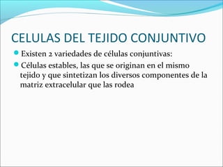 CELULAS DEL TEJIDO CONJUNTIVO
Existen 2 variedades de células conjuntivas:
Células estables, las que se originan en el mismo
tejido y que sintetizan los diversos componentes de la
matriz extracelular que las rodea
 