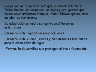 Las primeras formas de vida que colonizaron la tierra firme fueron las bacterias, las algas y los líquenes que vivían en un ambiente húmedo . Hace 450Ma aparecieron las plantas terrestres  Su adaptación al medio se logró con diferentes estrategias: Desarrollo de rígidas paredes celulares Desarrollo de xilema , raíces y mecanismos efeicientes para la circulación del agua Formación de semillas que protegen al óvulo fecundado 