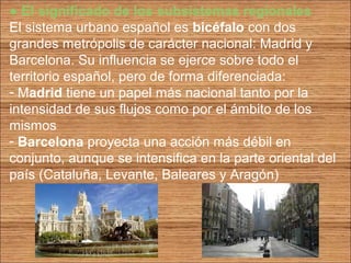 ● El significado de los subsistemas regionales 
El sistema urbano español es bicéfalo con dos 
grandes metrópolis de carácter nacional: Madrid y 
Barcelona. Su influencia se ejerce sobre todo el 
territorio español, pero de forma diferenciada: 
- Madrid tiene un papel más nacional tanto por la 
intensidad de sus flujos como por el ámbito de los 
mismos 
- Barcelona proyecta una acción más débil en 
conjunto, aunque se intensifica en la parte oriental del 
país (Cataluña, Levante, Baleares y Aragón) 
 