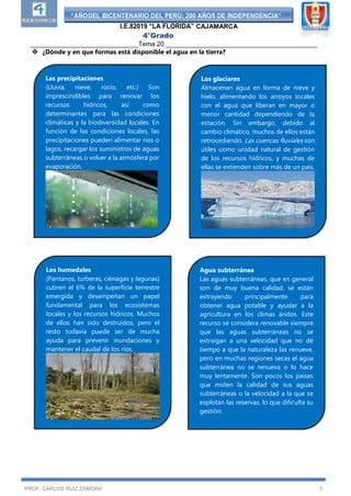 “AÑODEL BICENTENARIO DEL PERÚ: 200 AÑOS DE INDEPENDENCIA”
I.E.82019 “LA FLORIDA” CAJAMARCA
4°Grado
______________________________Tema 20 __________________________________________
PROF. CARLOS RUIZ ZAMORA 3
 ¿Dónde y en que formas está disponible el agua en la tierra?
Las precipitaciones
(Lluvia, nieve, rocío, etc.) Son
imprescindibles para renovar los
recursos hídricos, así como
determinantes para las condiciones
climáticas y la biodiversidad locales. En
función de las condiciones locales, las
precipitaciones pueden alimentar ríos o
lagos, recargar los suministros de aguas
subterráneas o volver a la atmósfera por
evaporación.
Los glaciares
Almacenan agua en forma de nieve y
hielo, alimentando los arroyos locales
con el agua que liberan en mayor o
menor cantidad dependiendo de la
estación. Sin embargo, debido al
cambio climático, muchos de ellos están
retrocediendo. Las cuencas fluviales son
útiles como unidad natural de gestión
de los recursos hídricos, y muchas de
ellas se extienden sobre más de un país.
Los humedales
(Pantanos, turberas, ciénagas y lagunas)
cubren el 6% de la superficie terrestre
emergida y desempeñan un papel
fundamental para los ecosistemas
locales y los recursos hídricos. Muchos
de ellos han sido destruidos, pero el
resto todavía puede ser de mucha
ayuda para prevenir inundaciones y
mantener el caudal de los ríos.
Agua subterránea
Las aguas subterráneas, que en general
son de muy buena calidad, se están
extrayendo principalmente para
obtener agua potable y ayudar a la
agricultura en los climas áridos. Este
recurso se considera renovable siempre
que las aguas subterráneas no se
extraigan a una velocidad que no dé
tiempo a que la naturaleza las renueve,
pero en muchas regiones secas el agua
subterránea no se renueva o lo hace
muy lentamente. Son pocos los países
que miden la calidad de sus aguas
subterráneas o la velocidad a la que se
explotan las reservas, lo que dificulta su
gestión.
 