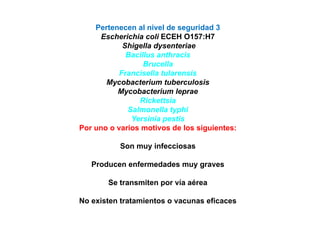 Pertenecen al nivel de seguridad 3
     Escherichia coli ECEH O157:H7
            Shigella dysenteriae
             Bacillus anthracis
                  Brucella
                  B     ll
           Francisella tularensis
       Mycobacterium tuberculosis
          Mycobacterium leprae
                Rickettsia
             Salmonella typhi
                           yp
              Yersinia pestis
Por uno o varios motivos de los siguientes:

           Son muy infecciosas

   Producen enfermedades muy graves

       Se transmiten por vía aérea

No existen tratamientos o vacunas eficaces
 