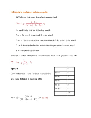 Cálculo de la moda para datos agrupados

      1) Todos los intérvalos tienen la misma amplitud.




      Li-1 es el límite inferior de la clase modal.

      fi es la frecuencia absoluta de la clase modal.

      fi-1 es la frecuencia absoluta inmediatamente inferior a la en clase modal.

      fi+1 es la frecuencia absoluta inmediatamente posterior a la clase modal.

      ai es la amplitud de la clase.

También se utiliza otra fórmula de la moda que da un valor aproximado de ésta:




Ejemplo

Calcular la moda de una distribución estadística

que viene dada por la siguiente tabla:
 