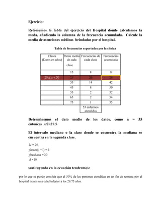 Ejercicio:

      Retomemos la tabla del ejercicio del Hospital donde calculamos la
      moda, añadiendo la columna de la frecuencia acumulada. Calcule la
      media de atenciones médicas brindadas por el hospital.

                          Tabla de frecuencias reportadas por la clínica

                     Clases      Punto medio Frecuencias de      Frecuencias
                 (Datos en años)   de cada     cada clase        acumulada
                                   clase

                                      15              8              8
                                      25            20               28
                                      35            14               42
                                      45              8              50
                                      55              2              52
                                      65              2              54
                                      75              1              55
                                               55 enfermos
                                                atendidos

      Determinemos el          dato    medio     de       los   datos,    como   n   =   55
      entonces n/2=27.5

      El intervalo mediano o la clase donde se encuentra la mediana se
      encuentra en la segunda clase.




      sustituyendo en la ecuación tendremos:      

por lo que se puede concluir que el 50% de las personas atendidas en un fin de semana por el
hospital tienen una edad inferior a los 29.75 años.
 