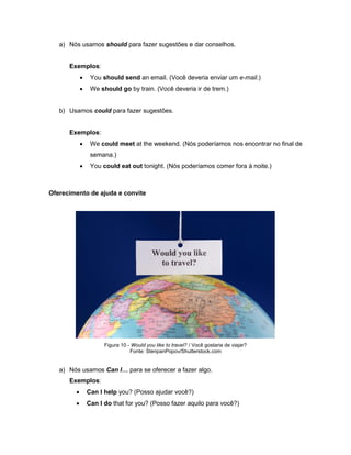 a) Nós usamos should para fazer sugestões e dar conselhos.
Exemplos:
 You should send an email. (Você deveria enviar um e-mail.)
 We should go by train. (Você deveria ir de trem.)
b) Usamos could para fazer sugestões.
Exemplos:
 We could meet at the weekend. (Nós poderíamos nos encontrar no final de
semana.)
 You could eat out tonight. (Nós poderíamos comer fora à noite.)
Oferecimento de ajuda e convite
Figura 10 - Would you like to travel? / Você gostaria de viajar?
Fonte: StenpanPopov/Shutterstock.com
a) Nós usamos Can I… para se oferecer a fazer algo.
Exemplos:
 Can I help you? (Posso ajudar você?)
 Can I do that for you? (Posso fazer aquilo para você?)
 