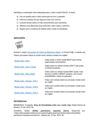 Identifique a explicação mais adequada para o verbo modal COULD, no texto.
a) Faz um pedido para o leitor preocupar-se com o passado.
b) Informa a certeza de que alguma coisa ruim ocorreu.
c) Levanta dúvida sobre um fato extraordinário que aconteceu.
d) Oferece uma alternativa que confunde o leitor sobre o caminho.
e) Sugere que a mudança de atitude pode mudar os resultados.
INDICAÇÕES
Acesse a seção Indicações de Vídeo da Biblioteca Digital, no Portal EJ@, e assista aos
vídeos que tratam sobre os modal verbs (verbos modais) em inglês!
Modal verbs - Must
Vídeo sobre o verbo modal MUST para indicar
especulação (suposições).
Modal verbs - Can't / Could
Vídeo sobre os verbos modais CAN'T (não pode)
e COULD (poderia).
Modal verbs - May / Might
Vídeo sobre os verbos modais MAY (pode, mais
formal e cordial) e MIGHT (poderia, com menor
probabilidade, usado no passado).
Modal verbs - Review - Part 1
Vídeo com revisão sobre os principais modal verbs
em inglês.
Modal verbs - Review - Part 2
Vídeo com revisão sobre os principais modal verbs
em inglês.
Modal verbs - Review - Part 3
Vídeo com revisão sobre os principais modal verbs
em inglês.
REFERÊNCIAS
BRADESCO, Fundação. Grau de formalidade entre can, could, may. Estela Garcia da
Silveira. 27 set. 2016. 8h.
COUNCIL, British. Ability, permission, requests, advice. Disponível em:
<https://learnenglish.britishcouncil.org/en/english-grammar/verbs/modal-verbs/ability-
permission-requests-and-advice>. Acesso em: 27 set. 2016. 9h.
 