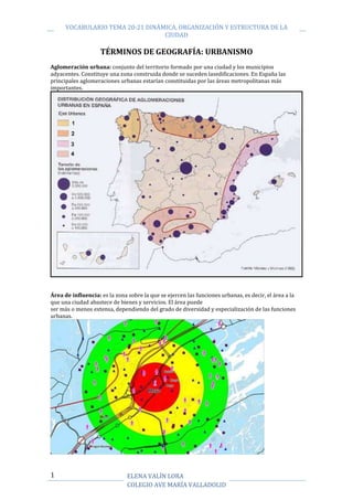 VOCABULARIO TEMA 20-21 DINÁMICA, ORGANIZACIÓN Y ESTRUCTURA DE LA
                                  CIUDAD

                    TÉRMINOS DE GEOGRAFÍA: URBANISMO
Aglomeración urbana: conjunto del territorio formado por una ciudad y los municipios
adyacentes. Constituye una zona construida donde se suceden lasedificaciones. En España las
principales aglomeraciones urbanas estarían constituidas por las áreas metropolitanas más
importantes.




Área de influencia: es la zona sobre la que se ejercen las funciones urbanas, es decir, el área a la
que una ciudad abastece de bienes y servicios. El área puede
ser más o menos extensa, dependiendo del grado de diversidad y especialización de las funciones
urbanas.




1                              ELENA VALÍN LORA
                               COLEGIO AVE MARÍA VALLADOLID
 