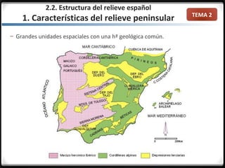 TEMA 2
– Grandes unidades espaciales con una hª geológica común.
2.2. Estructura del relieve español
1. Características del relieve peninsular
 