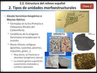 TEMA 2
2.2. Estructura del relieve español
2. Tipos de unidades morfoestructurales
– Zócalo hercínico-hespérico o
Macizo Ibérico.
 Formadas en la Era Primaria o
Paleozoico (finales del
Carbonífero).
 Cordilleras de la orogenia
herciniana arrasadas por la
erosión.
 Rocas silíceas, antiguas
(granitos, cuarcitas, pizarras,
esquistos, gneis...).
o Muy duras, se fracturan o
abomban (orogénesis alpina).
o La erosión genera superficies
suavemente onduladas y
cumbres aplanadas.
 