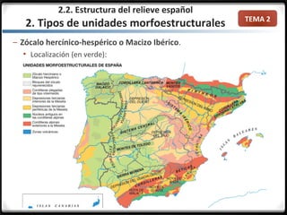 TEMA 2
– Zócalo hercínico-hespérico o Macizo Ibérico.
 Localización (en verde):
2.2. Estructura del relieve español
2. Tipos de unidades morfoestructurales
 