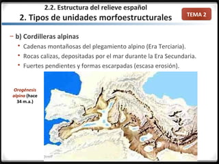 TEMA 2
– b) Cordilleras alpinas
 Cadenas montañosas del plegamiento alpino (Era Terciaria).
 Rocas calizas, depositadas por el mar durante la Era Secundaria.
 Fuertes pendientes y formas escarpadas (escasa erosión).
Orogénesis
alpina (hace
34 m.a.)
2.2. Estructura del relieve español
2. Tipos de unidades morfoestructurales
 