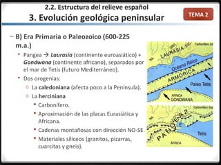 TEMA 2
– B) Era Primaria o Paleozoico (600-225
m.a.)
 Pangea  Laurasia (continente euroasiático) +
Gondwana (continente africano), separados por
el mar de Tetis (futuro Mediterráneo).
 Dos orogenias:
o La caledoniana (afecta poco a la Península).
o La herciniana
 Carbonífero.
 Aproximación de las placas Eurasiática y
Africana.
 Cadenas montañosas con dirección NO-SE.
 Materiales silíceos (granitos, pizarras,
cuarcitas y gneis).
2.2. Estructura del relieve español
3. Evolución geológica peninsular
 