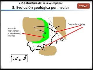 TEMA 2
Fosas sedimentarias
Zonas de
regresiones y
transgresiones
marinas
2.2. Estructura del relieve español
3. Evolución geológica peninsular
 