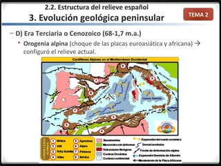 TEMA 2
– D) Era Terciaria o Cenozoico (68-1,7 m.a.)
 Orogenia alpina (choque de las placas euroasiática y africana) 
configuró el relieve actual.
2.2. Estructura del relieve español
3. Evolución geológica peninsular
 