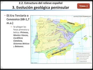 TEMA 2
– D) Era Terciaria o
Cenozoico (68-1,7
m.a.)
o Se pliegan las
fosas pirenaica y
bética: Pirineos,
Montes Vascos,
Cordillera
Catalana,
Sistemas Béticos
y Baleares.
2.2. Estructura del relieve español
3. Evolución geológica peninsular
 
