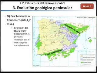 TEMA 2
– D) Era Terciaria o
Cenozoico (68-1,7
m.a.)
o Depresión del
Ebro y la del
Guadalquivir. Al
principio,
invadidas por el
mar; luego se
van rellenando.
2.2. Estructura del relieve español
3. Evolución geológica peninsular
 