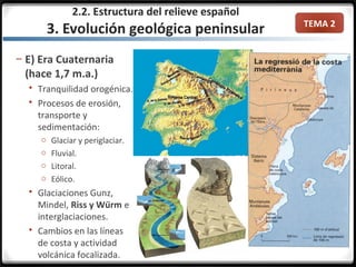 TEMA 2
– E) Era Cuaternaria
(hace 1,7 m.a.)
 Tranquilidad orogénica.
 Procesos de erosión,
transporte y
sedimentación:
o Glaciar y periglaciar.
o Fluvial.
o Litoral.
o Eólico.
 Glaciaciones Gunz,
Mindel, Riss y Würm e
interglaciaciones.
 Cambios en las líneas
de costa y actividad
volcánica focalizada.
2.2. Estructura del relieve español
3. Evolución geológica peninsular
 