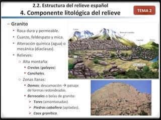 TEMA 2
– Granito
 Roca dura y permeable.
 Cuarzo, feldespato y mica.
 Alteración química (agua) o
mecánica (diaclasas).
 Relieves:
o Alta montaña:
 Crestas (galayos)
 Canchales.
o Zonas llanas:
 Domos: descamación  paisaje
de formas redondeadas.
 Berrocales o bolas de granito:
 Tores (amontonadas).
 Piedras caballera (apiladas).
 Caos granítico.
2.2. Estructura del relieve español
4. Componente litológica del relieve
 