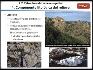 TEMA 2
2.2. Estructura del relieve español
4. Componente litológica del relieve
– Cuarcita
 Resistente y poco plástica (se
fractura).
 Relieve angulosos y compactos:
bloques, crestones…
 En alta montaña, gelifracción:
o Aristas y paredes verticales.
o Canchales
 