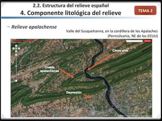 TEMA 2
2.2. Estructura del relieve español
4. Componente litológica del relieve
– Relieve apalachense
Valle del Susquehanna, en la cordillera de los Apalaches
(Pennsilvania, NE de los EEUU)
 