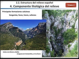 TEMA 2
Principales formaciones calcáreas
Gargantas, foces, hoces, cañones
Cañon de Añisclo o Bellós
Congosto de Ventamillo y el río Ésera
2.2. Estructura del relieve español
4. Componente litológica del relieve
 