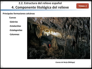 TEMA 2
Principales formaciones calcáreas
Cuevas
-Galerías
-Estalactitas
-Estalagmitas
-Columnas
2.2. Estructura del relieve español
4. Componente litológica del relieve
Cuevas de Nerja (Málaga)
 
