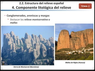 TEMA 2
2.2. Estructura del relieve español
4. Componente litológica del relieve
– Conglomerados, areniscas y margas
 Destacan los relieve montserratino o
mallos
Sierra de Montserrat (Barcelona)
Mallos de Riglos (Huesca)
 