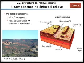 TEMA 2
2.2. Estructura del relieve español
4. Componente litológica del relieve
– Modelado horizontal
 Ríos  campiñas.
 Falta de vegetación 
cárcavas o band-lands.
Puebla de Valles (Guadalajara)
 