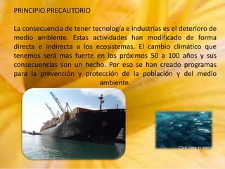 PRINCIPIO PRECAUTORIO
La consecuencia de tener tecnología e industrias es el deterioro de
medio ambiente. Estas actividades han modificado de forma
directa e indirecta a los ecosistemas. El cambio climático que
tenemos será mas fuerte en los próximos 50 a 100 años y sus
consecuencias son un hecho. Por eso se han creado programas
para la prevención y protección de la población y del medio
ambiente.

 