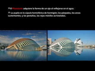 El Planetario adquiere la forma de un ojo al reflejarse en el agua.
 La pupila es la cúpula hemisférica de hormigón; los párpados, los arcos
sustentantes; y las pestañas, las rejas móviles acristaladas.
 
